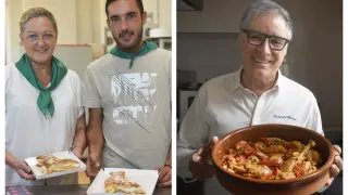 Sura y su sobrino Alejandro García Ascaso con unas pajaritas y Carmelo Bosque con su guiso de pollo al chilindrón.