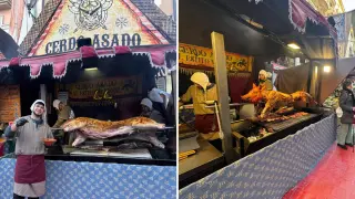 El antes y el después de un cerdo asado en los puestos medievales de Teruel.