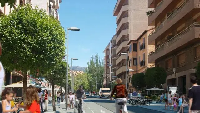Simulación de la semipeatonalización de la calle de Serrablo de Sabiñánigo.