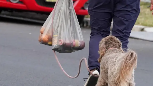 Un hombre lleva la compra realizada en un supermercado en bolsas de plástico de un solo uso que ahora hay que pagar