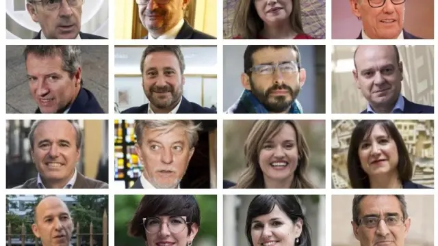 Los ocho principales cabezas de lista en las autonómicas (en las dos filas superiores), junto a los ocho principales aspirantes al Ayuntamiento de Zaragoza.(filas inferiores)