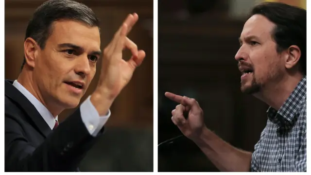 Pedro Sánchez y Pablo Iglesias durante su enfrentamiento en la primera jornada del debate de investidura.