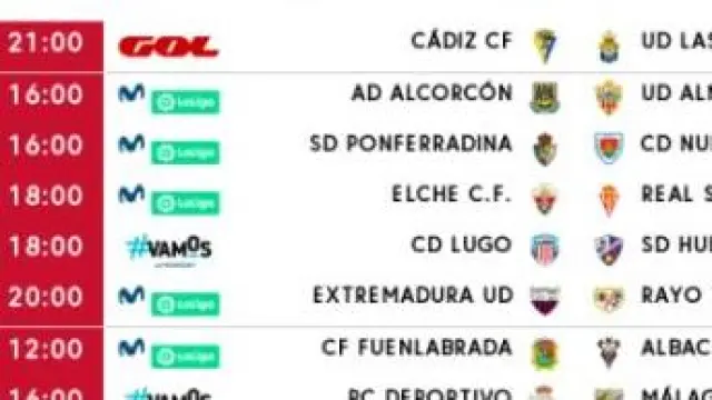 Horarios y días de disputa de los partidos de la 12ª jornada de Segunda División, con el Real Zaragoza-Mirandés a cola del reparto.
