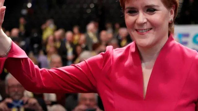 Scotland's First Minister Nicola Sturgeon reacts with the delegates following her speech at the SNP autumn conference in Aberdeen, Scotland, Britain October 15, 2019. REUTERS/Russell Cheyne [[[REUTERS VOCENTO]]] BRITAIN-POLITICS/SNP