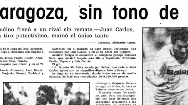 Cabecera de la crónica del partido Real Zaragoza-Real Mallorca de Copa del Rey jugado el 29 de enero de 1987 en La Romareda, el precedente de el de este martes, 21 de enero de 2020.