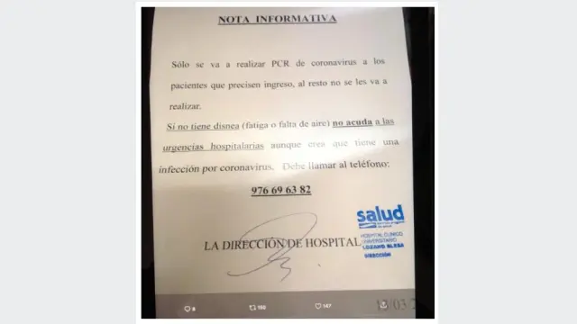 Nota informativa colgada este sábado en el Hospital Clínico de Zaragoza