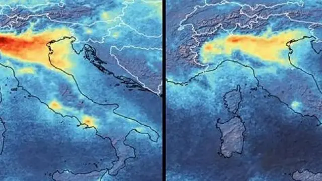 Las emisiones de dióxido de nitrógeno (más rojo en el mapa a mayor concentración) se han reducido en el norte de Italia coincidiendo con las medidas frente al coronavirus.
