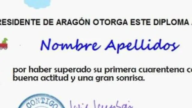 Diploma de Lambán a los niños de Aragón por superar la primera cuarentena con buena actitud.