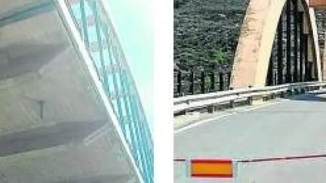 El puente de Sástago está cortado al tráfico desde principios de marzo tras hundirse el tablero unos 25 centímetros en la arcada central, como se aprecia en la fotografía de la izquierda. dga