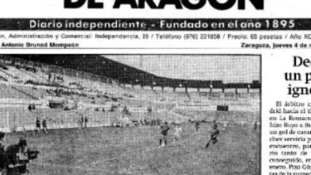 Llamada en portada del Heraldo de Aragon del 4 de mayo de 1989 de la información del partido Osasuna-Real Madrid jugado la tarde anterior a puerta cerrada en La Romareda, reflejado en una fotografía.