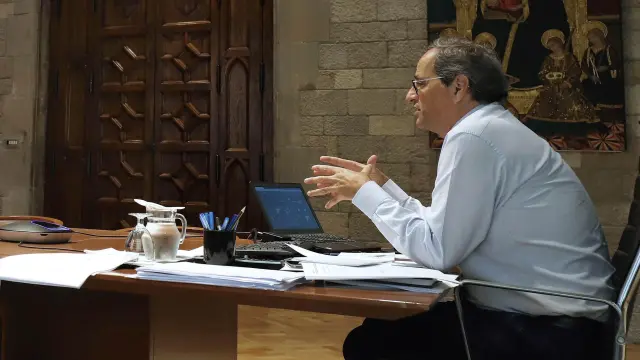 El presidente Quim Torra esta domingo durante la reunión por videoconferencia con Pedro Sánchez y sus homólogos autonómicos.