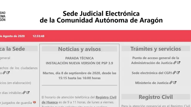 Página web de la Sede Judicial Electrónica de Aragón.