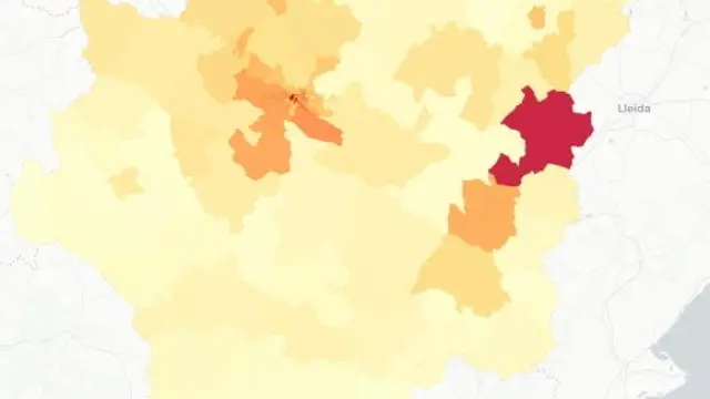 Mapa de Aragón con las zonas con más casos de la covid-19 desde el comienzo de la pandemia