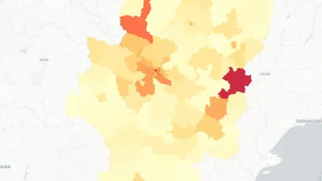 Mapa de Aragón con las zonas básicas de salud con más casos de contagios por la covid-19.