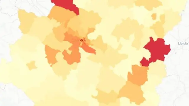 Mapa de Aragón con los casos de coronavirus