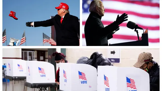 Combo de imágenes de Trump, Biden y de algunos de los primeros votantes