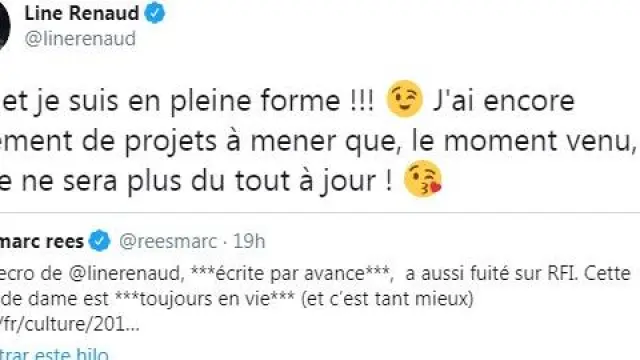La actriz francesa Line Renaud publicó en tono jocoso este comentario en Twitter.
