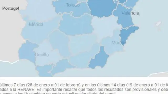 Mapa de la incidencia acumulada por provincias en España a 2 de febrero de 2021.
