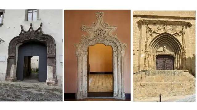 De izquierda a derecha, acceso al palacio Antignano de Capua, acceso a las salas superiores del palacio de Pedro IV en la Aljafería de Zaragoza y portada de la iglesia de la Asunción de Sádaba (Zaragoza).