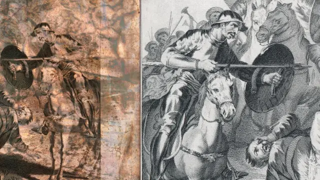 A la izquierda, detalle de la plancha; a la derecha, el grabado de la Real Academia