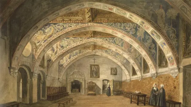 La primera imagen que se conserva de la sala capitular  del Monasterio de Sijena es una acuarela realizada en 1840 por Valentín Carderera, académico, erudito y pintor oscense, que dio a conocer las pinturas