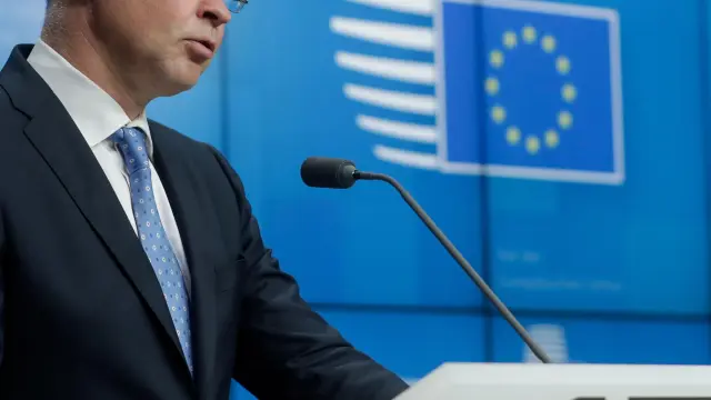 El vicepresidente de la Comisión Europea, Valdis Dombrovskis, tras la última reunión del Ecofin.