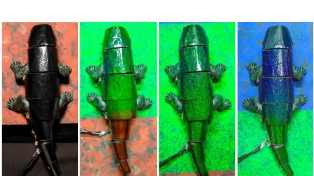 Demostración de la nueva tecnología de camuflaje artificial en el robot camaleón. De izquierda a derecha, el dispositivo apagado, en una mezcla de verde y rojo, solo verde, y azul con verde.