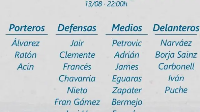 Primera lista de 23 convocados del Real Zaragoza en la liga 21-22 que este viernes comienza ya.