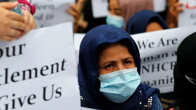 Manifestación de refugiados afganos en Yakarta, Indonesia.