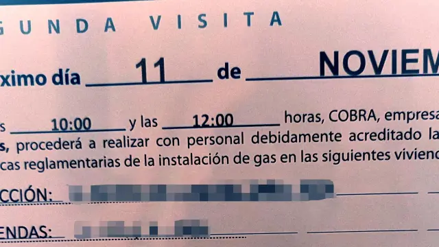Nota de aviso de la inspección de gas.