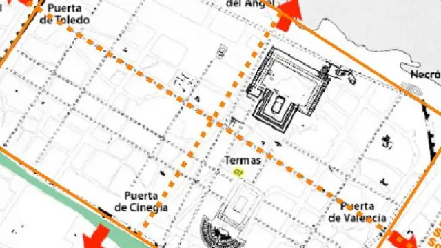 Plano de la Zaragoza romana con indicaciones sobre su orientación.