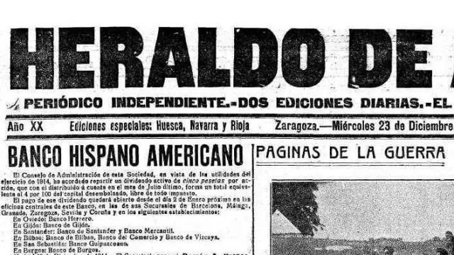 Portada de HERALDO DE ARAGÓN del día 23 de diciembre de 1914 donde salió publicada la noticia