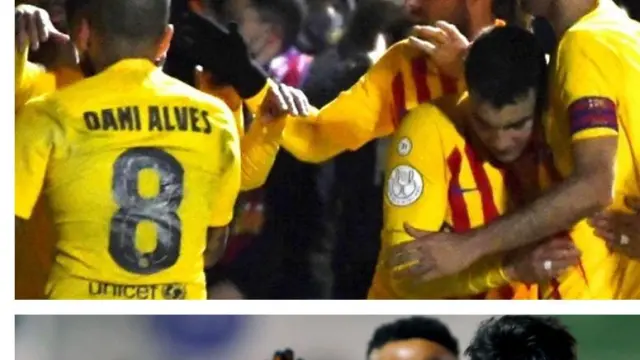 Jugadores del Barcelona (arriba) y del Madrid celebran sus goles.