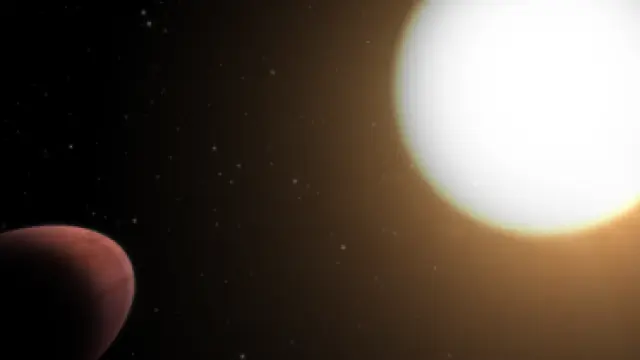 Ilustración del planeta WASP-103b deformado por las potentes fuerzas de marea de su estrella anfitriona.