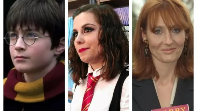 El pequeño Harry Potter, la librera Irene Berberana y la autora JK Rowling.