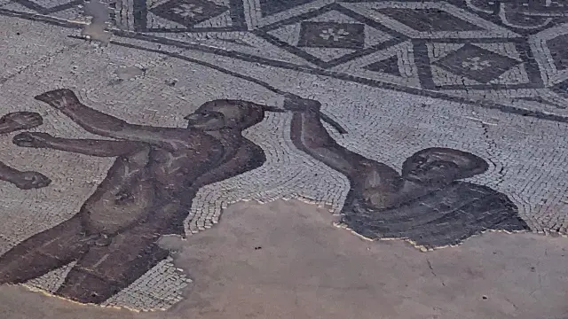 Detalle del mosaico 'Pugilator', que se conserva en las termas romanas de Herrera (Sevilla).