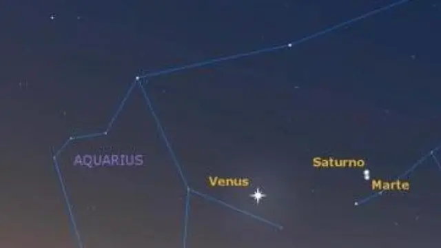 Imagen del cielo prevista para el próximo 5 de abril, cuando se producirá una conjunción de dos planetas, Marte y Saturno.