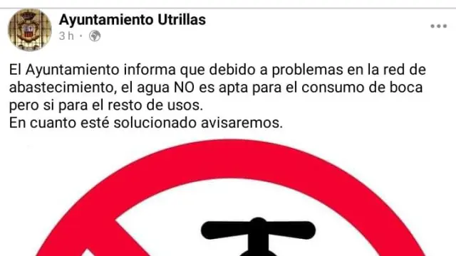 El Ayuntamiento de Utrillas avisa a través de las redes sociales de que el agua no es potable.