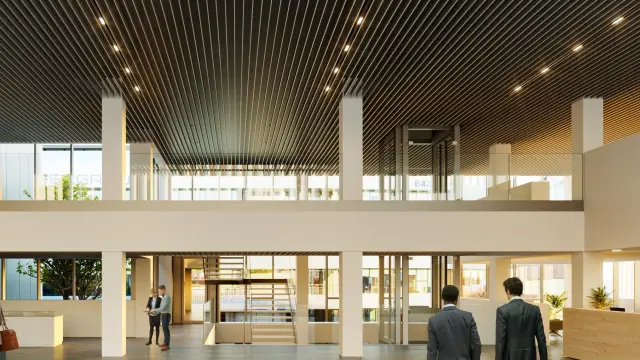 Recración del 'hall' del nuevo edificio de Fersa en Plaza, diseñado por Ingennus.