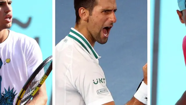 Los tenistas Nadal, Alcaraz y Djokovic.