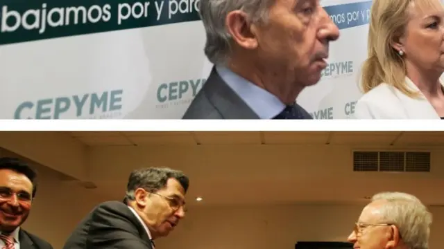 Arriba, López de Hita y María Jesús Lorente, esta semana. Abajo, saluda a Fernando Machín al relevarle en la presidencia de Cepyme en 2005.