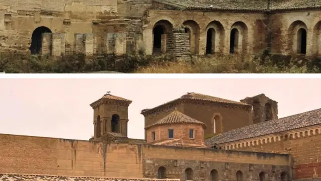 Antes y después del ala este del claustro de Sijena, donde se han restaurado la arquería y la cubierta, el patio abierto y dos capillas o nichos.
