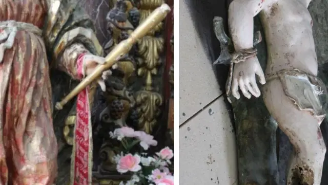Las termitas han dañado gravemente las tallas de Santa Orosia (izquierda) y de San Sebastián de la iglesia de Guasillo.