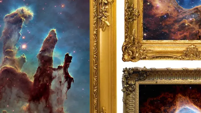 Imágenes astronómicas representadas como obras de arte. Izquierda: “Los Pilares de la Creación” (telescopio Hubble). Derecha, arriba: Nebulosa Carina (telescopio Webb); abajo: Nebulosa del Anillo (Webb).