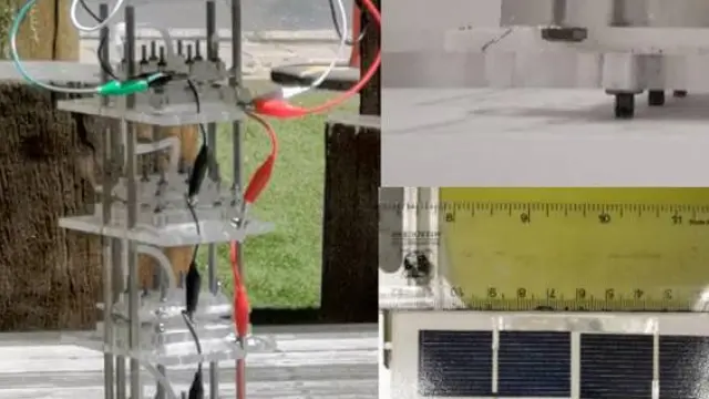 Los investigadores de la Universidad de Melbourne han desarrollado un prototipo con cinco electrolizadores de aire directo (DAE, detallados en la imagen) que permiten obtener hidrógeno y oxígeno del agua del aire.