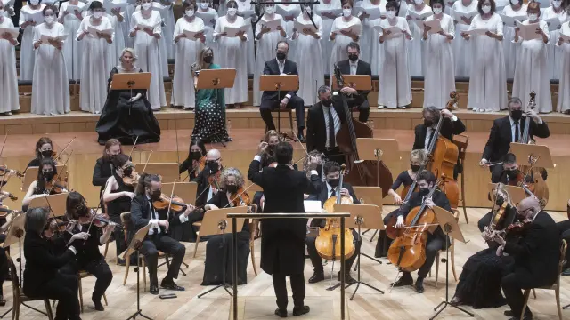 El Orfeón Pamplonés, en un concierto anterior en la sala Mozart del Auditorio zaragozano.