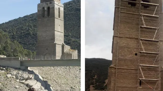 La torre aparece cubierta de andamios desde hace unos días. A la derecha, algunos curiosos se acercan a la iglesia aprovechando el bajo nivel del embalse.