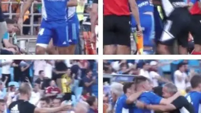 Capturas del vídeo de la celebración del gol de Zapater en las que Francho (número 14) muestra su evidente cojera y el vendaje en el muslo derecho.