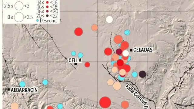 El mapa recoge los terremotos registrados en la zona de Celadas desde el año 2000 a la actualidad.