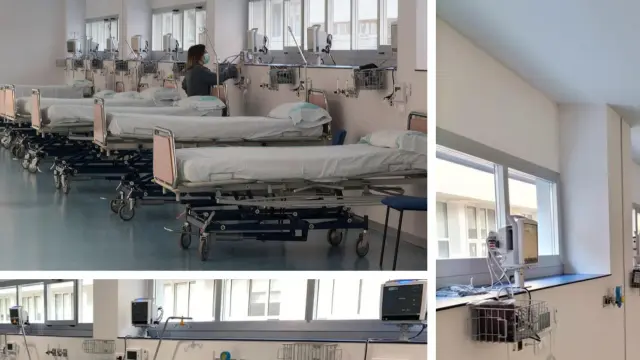 Las camas de las nuevas Urgencias del Hospital San Jorge de Huesca han cambiado en los últimos días. Arriba, las que había en la inauguración institucional, y abajo las que había hoy en su apertura al público.